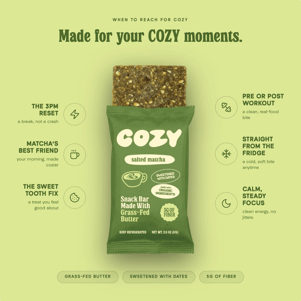 COZY Salted Matcha refrigerated snack bar in an everyday grab-and-go moment