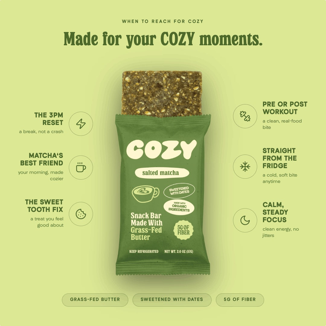 COZY Salted Matcha refrigerated snack bar in an everyday grab-and-go moment