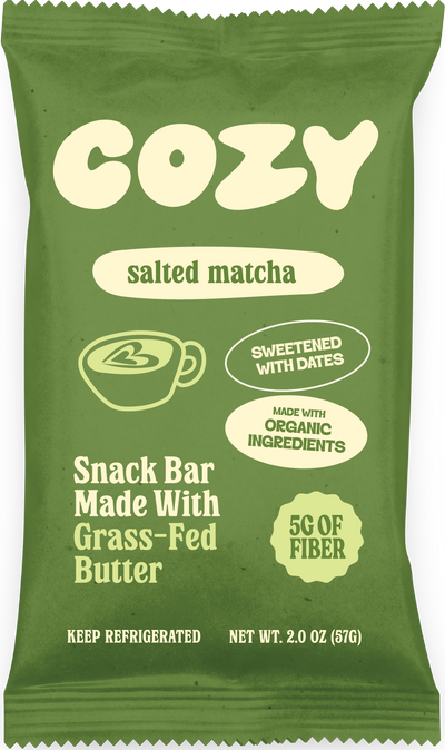 Front of a COZY Salted Matcha refrigerated snack bar