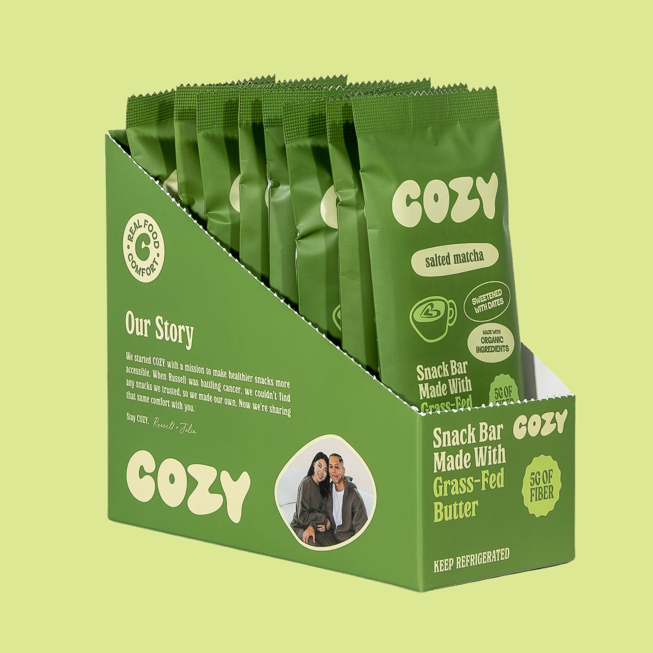 COZY Salted Matcha 8-pack box of refrigerated real-food snack bars