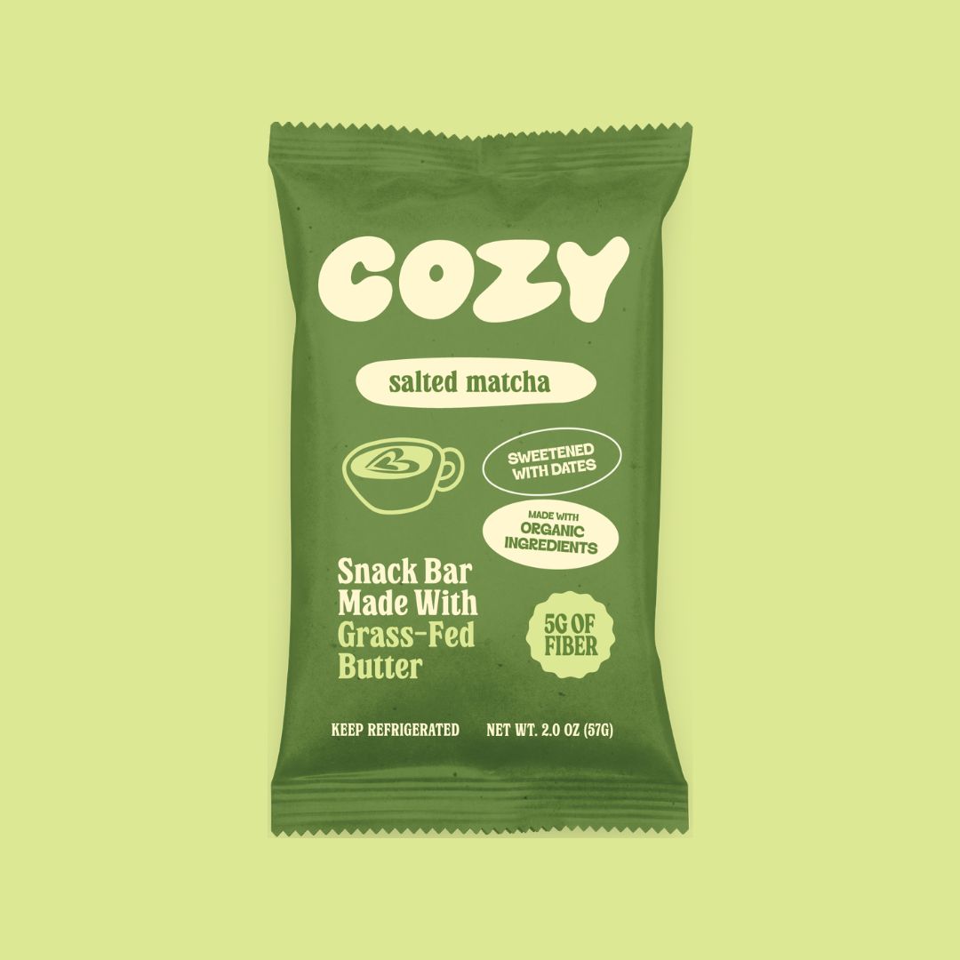 Front of COZY Salted Matcha date and oat bar, an organic chewy treat with coconut, grass-fed butter and matcha