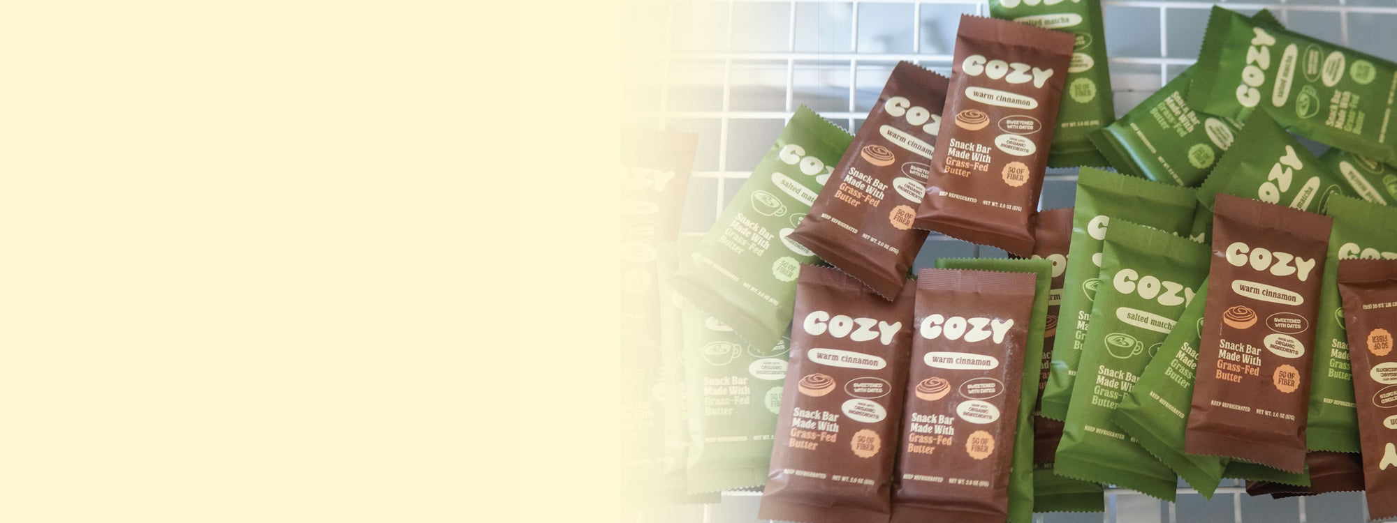 COZY refrigerated snack bars in warm cinnamon and salted matcha, made with grass-fed butter